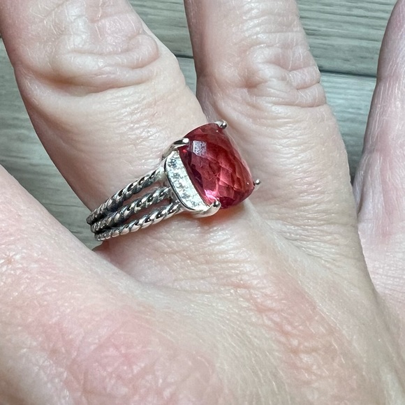 David Yurman Sterling Silver Petite Wheaton 10x8mm Pink Tourmaline/Diamond Ring - Picture 7 of 8